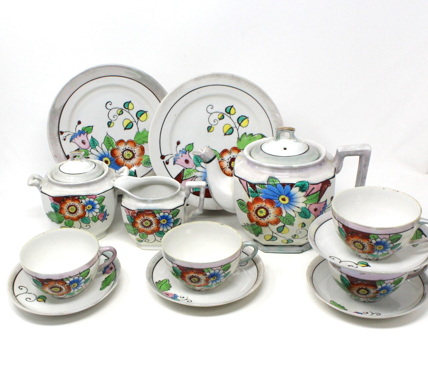 Tea Set, Japan Lusterware Floral, Teapot, Sugar, Creamer, Cups/Saucers & Plates, 13 Pcs, Vintage