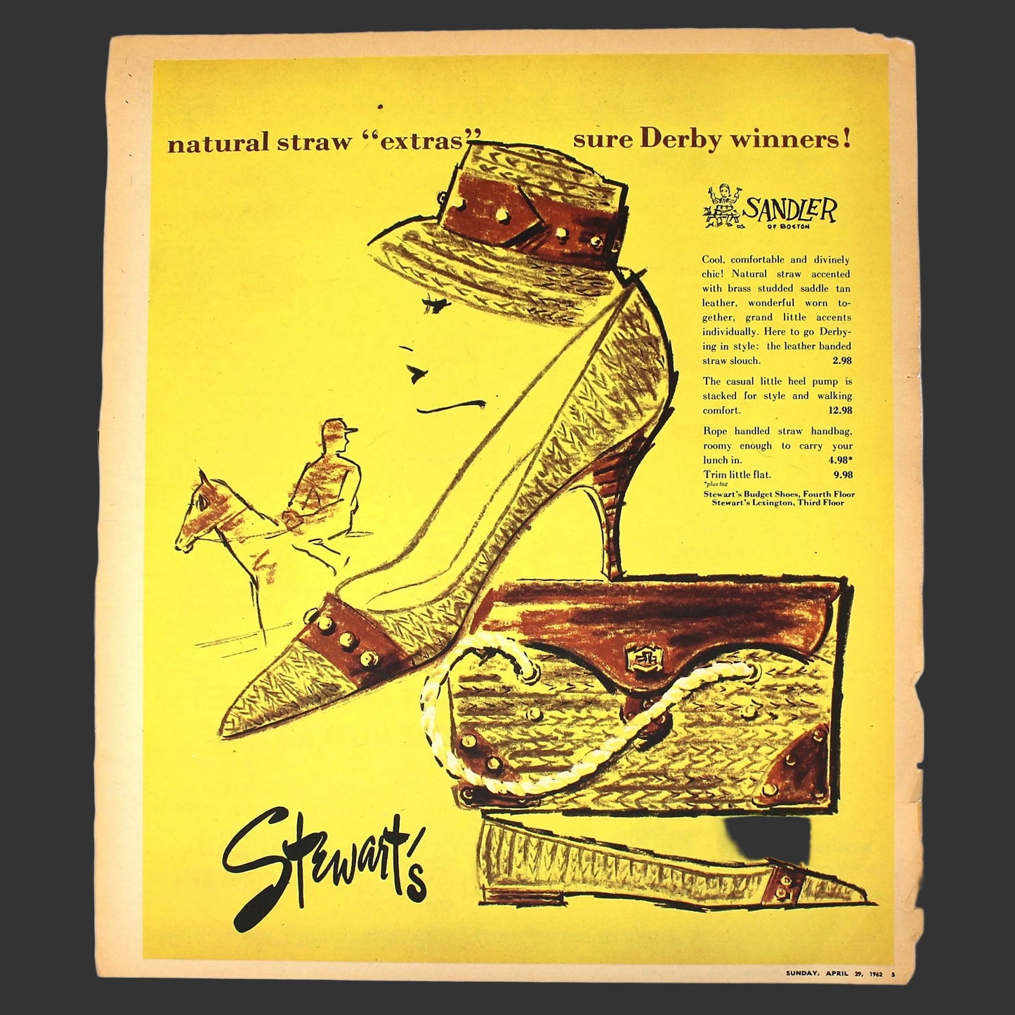Vintage advertisement for Stewart's shoes with a high-heeled shoe and straw hat on a yellow background.