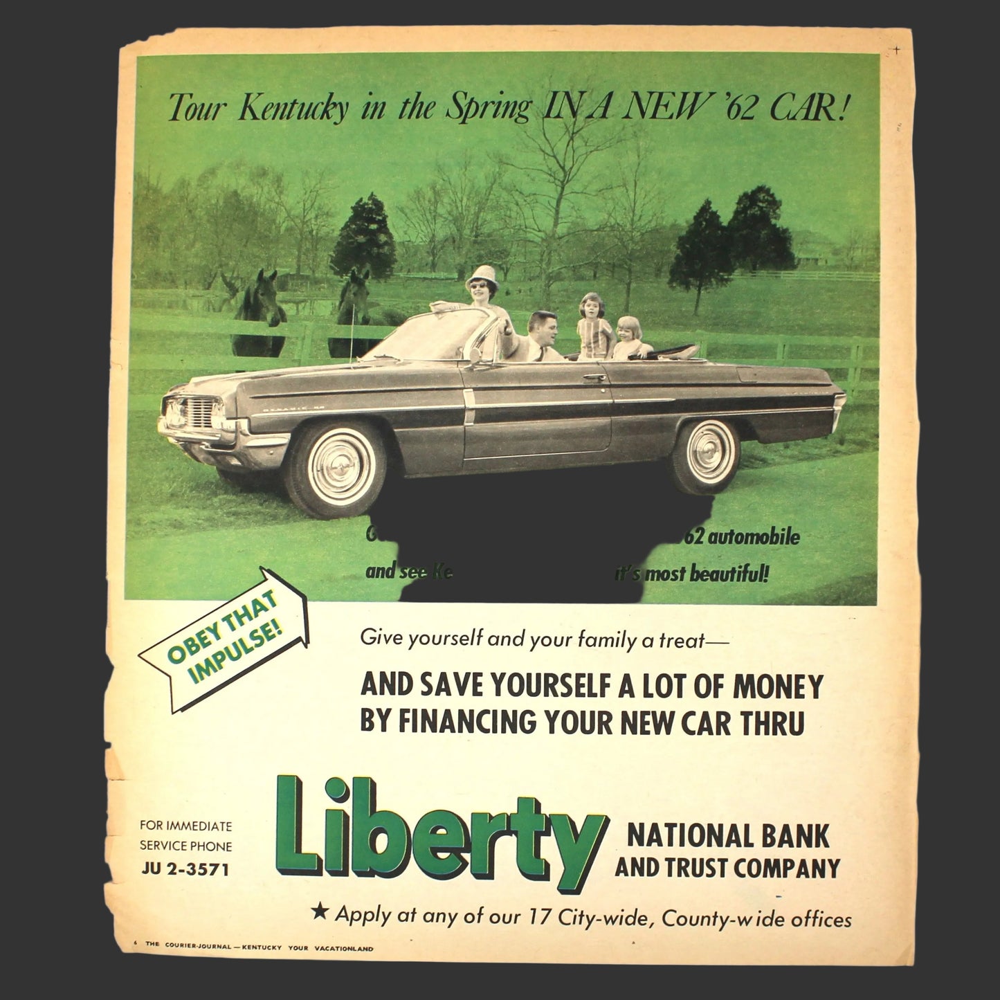 Vintage advertisement for a 1962 car featuring a family in a convertible, with text promoting Liberty National Bank and Trust Company.