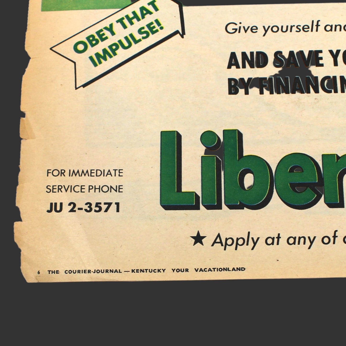 Advertisement, Liberty National Bank & Trust, "Tour Kentucky in the Spring" 1962 Convertible & Horses, Original Magazine Ad, USA, 1962