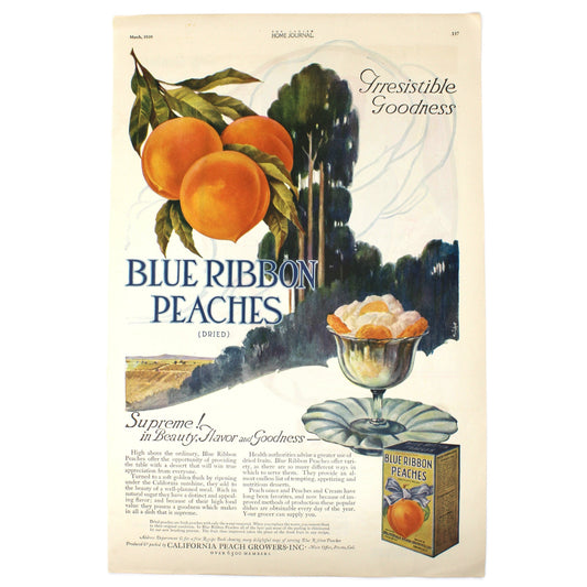 Vintage advertisement for Blue Ribbon Peaches with illustrations of peaches and a box. 1920