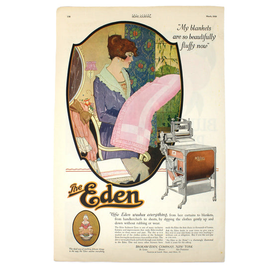 Vintage advertisement for a 1920 'Eden' washing machine. A woman admiring her laundry and an illustration of the washing machine.