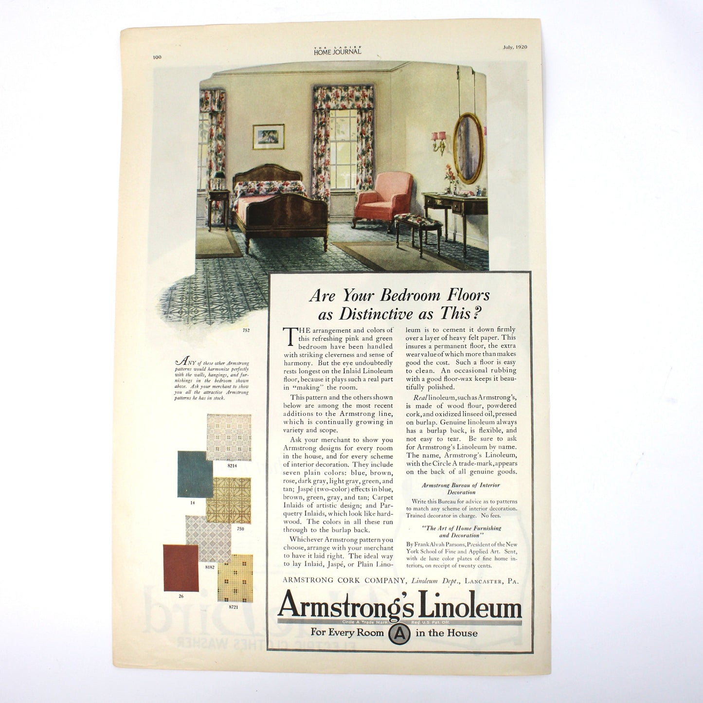 Vintage advertisement for Armstrong's Linoleum featuring a bedroom scene and color swatches.