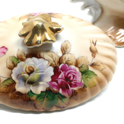 Compote, Lipper & Mann, Pink & White Roses, Hand Painted, Vintage Japan