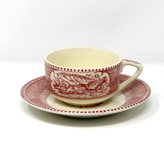 Teacup & Saucer, Royal China USA, Currier and Ives Pattern, Pink & White Ceramic, Vintage