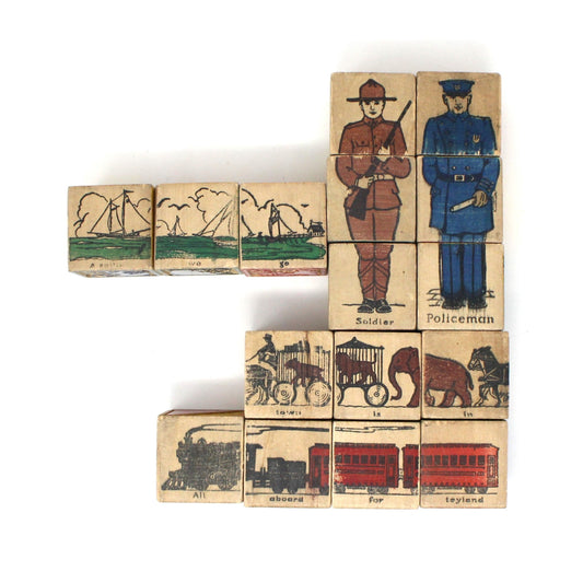 Wooden Blocks, Children's Building Blocks: Animals, Numbers, Figures, Nursery Rhymes, 16 Antique Blocks