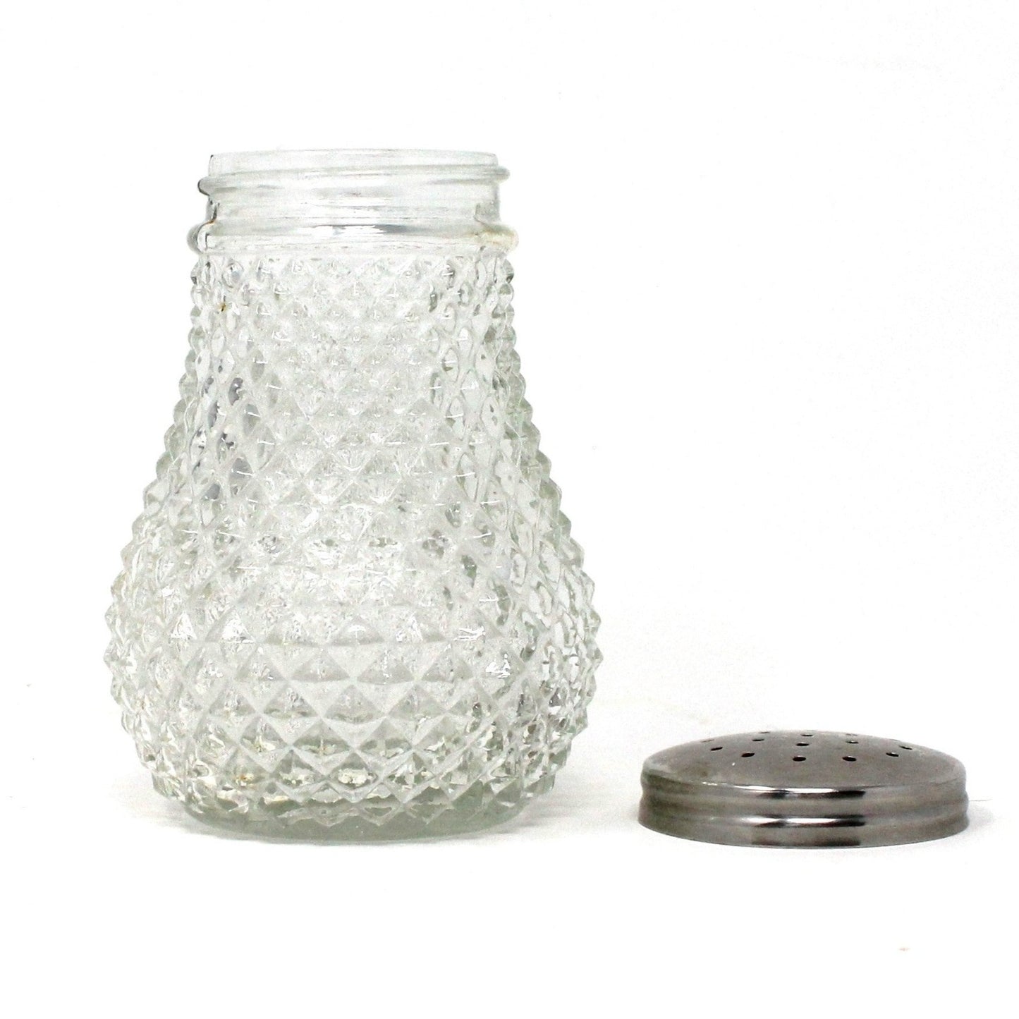 Shaker, Muffineer / Sugar Caster, Diamond Point, Glass with Silver Metal Top, Vintage Import