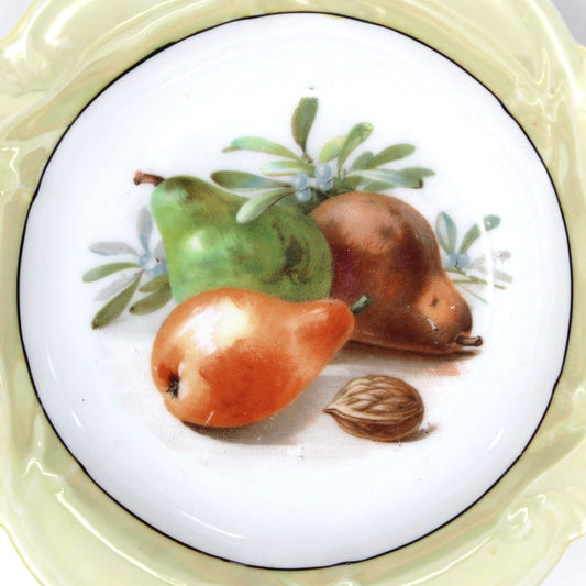Antique Bavaria decorative fruit / dessert bowl with pears and walnuts and iridescent yellow border. German porcelain.