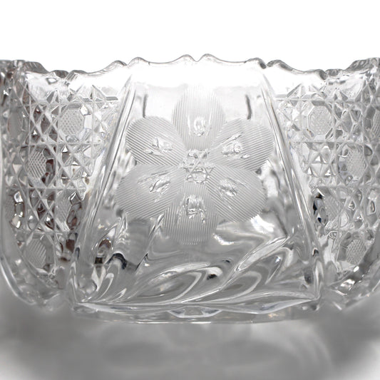 Creamer & Sugar Bowl with Handles, McKee Innovation Cut Glass, Etched 6 Petal Flower and Cane, Sawtooth Rim, Antique