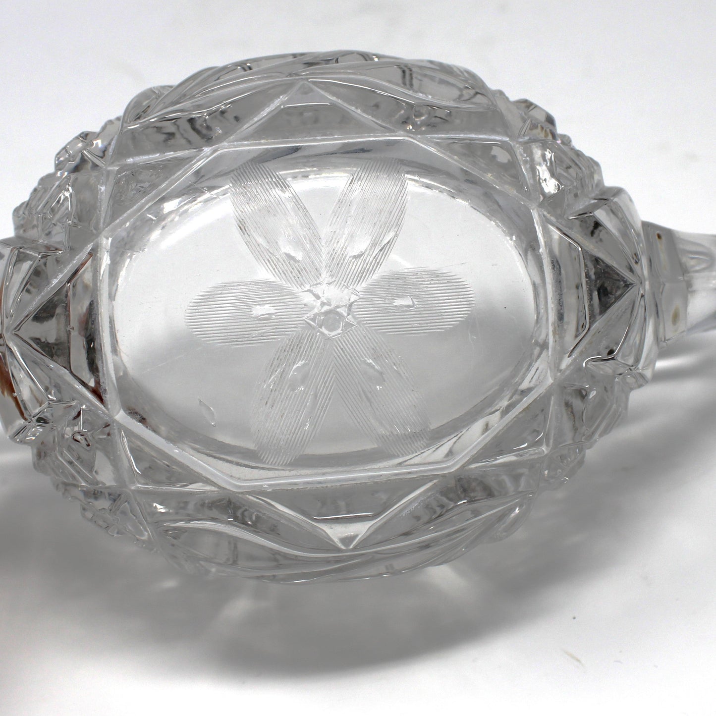 Creamer & Sugar Bowl with Handles, McKee Innovation Cut Glass, Etched 6 Petal Flower and Cane, Sawtooth Rim, Antique
