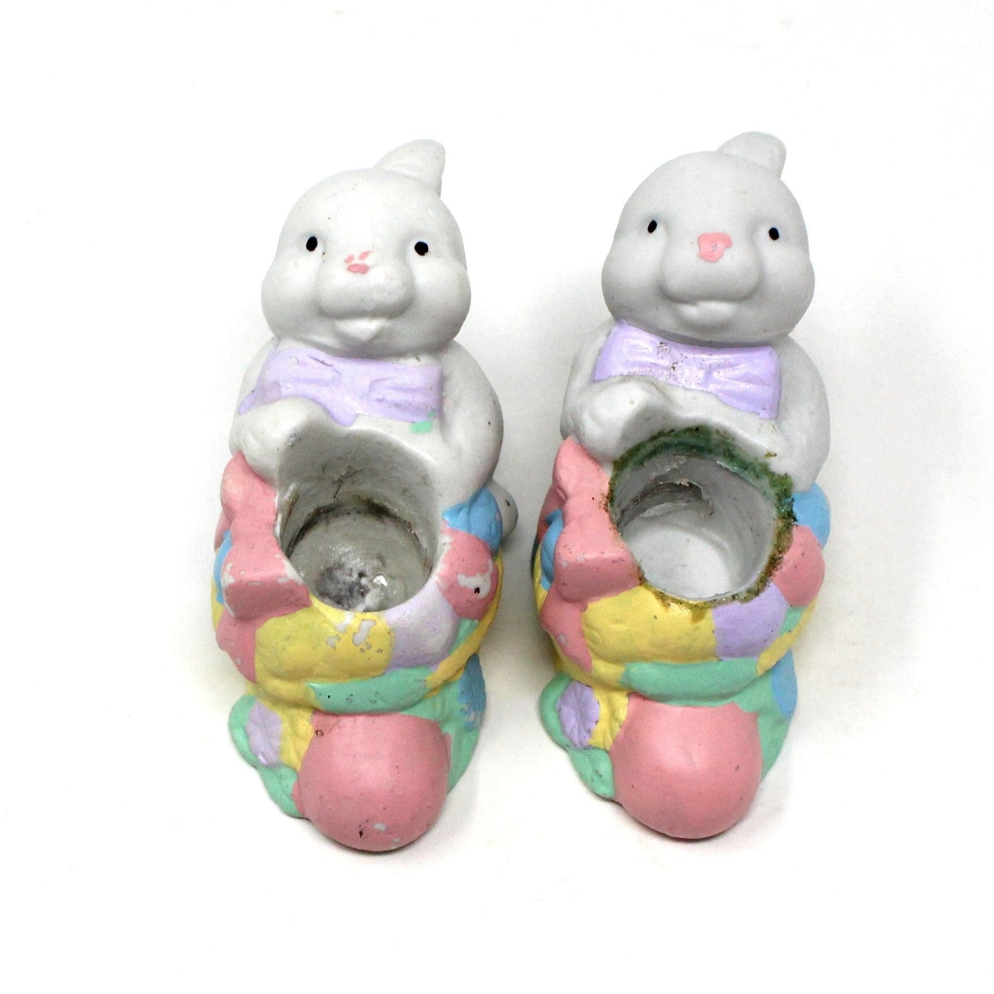 Candle Holders, Bunnies Holding Easter Eggs, Ceramic, Vintage