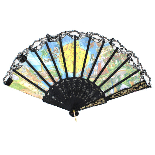 Hand Fan, Spanish Style, Souvenir, Gran Canaria, Canary Islands, Open Cut-Work, Black Lace, Vintage