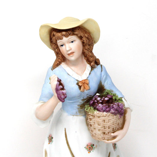 Figurine, HomCo, Woman With Hat, Grape Basket And Ducks, 8805 Porcelain, Vintage, SOLD