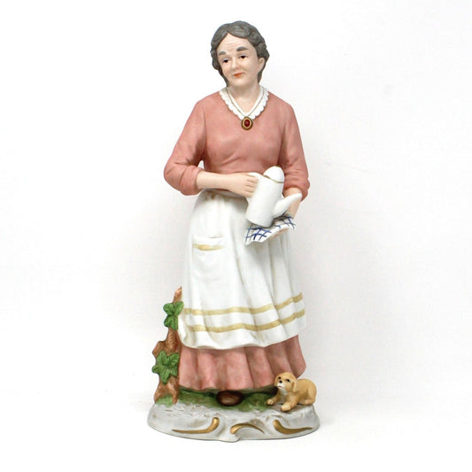 Figurine, HomCo, Elderly Woman With Coffee Pot and Dog, 1425 Porcelain, Vintage