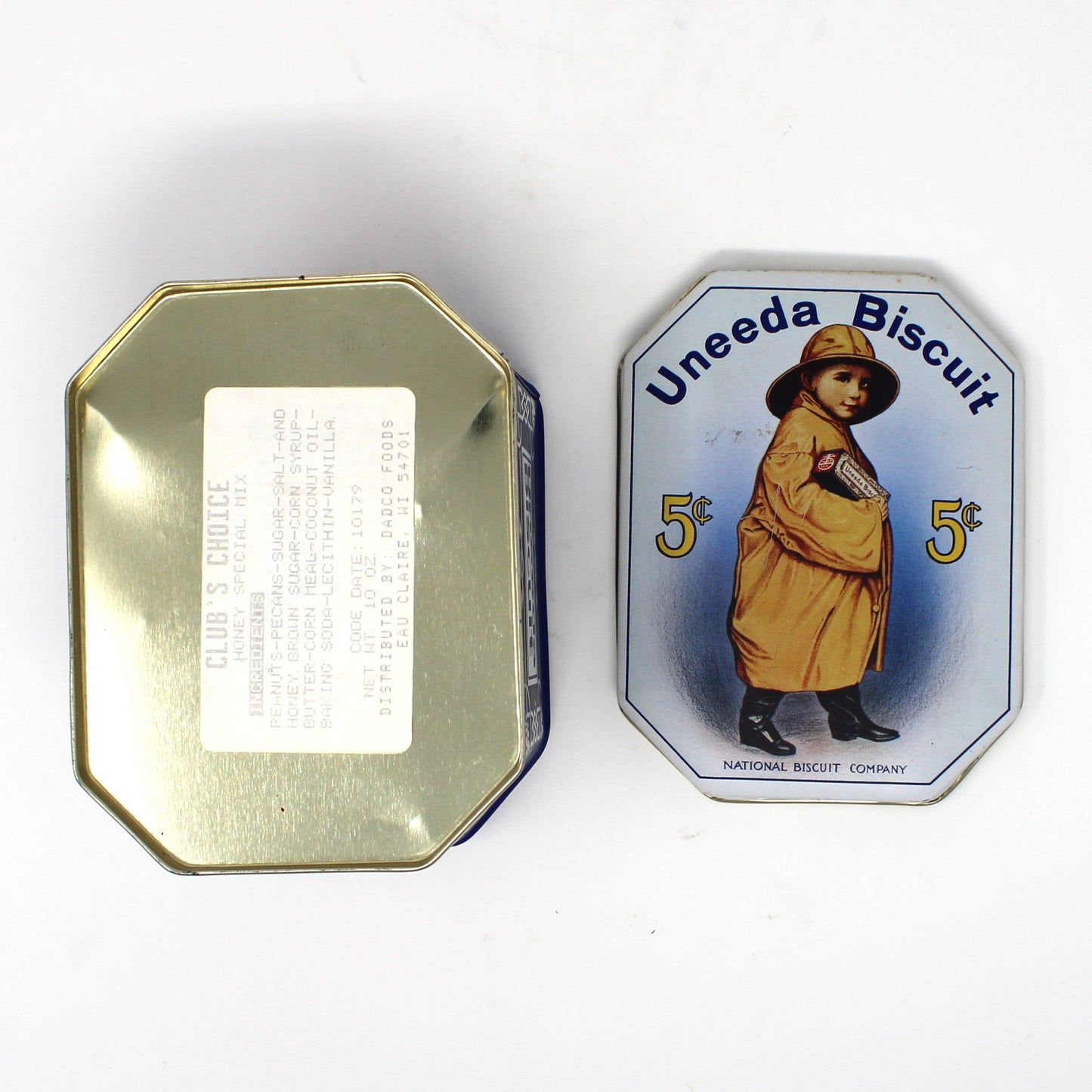 Tins, Gift Tin / Storage Box, Uneeda Biscuit, Boy in Yellow Raincoat, NBC Logo, Empty, Vintage