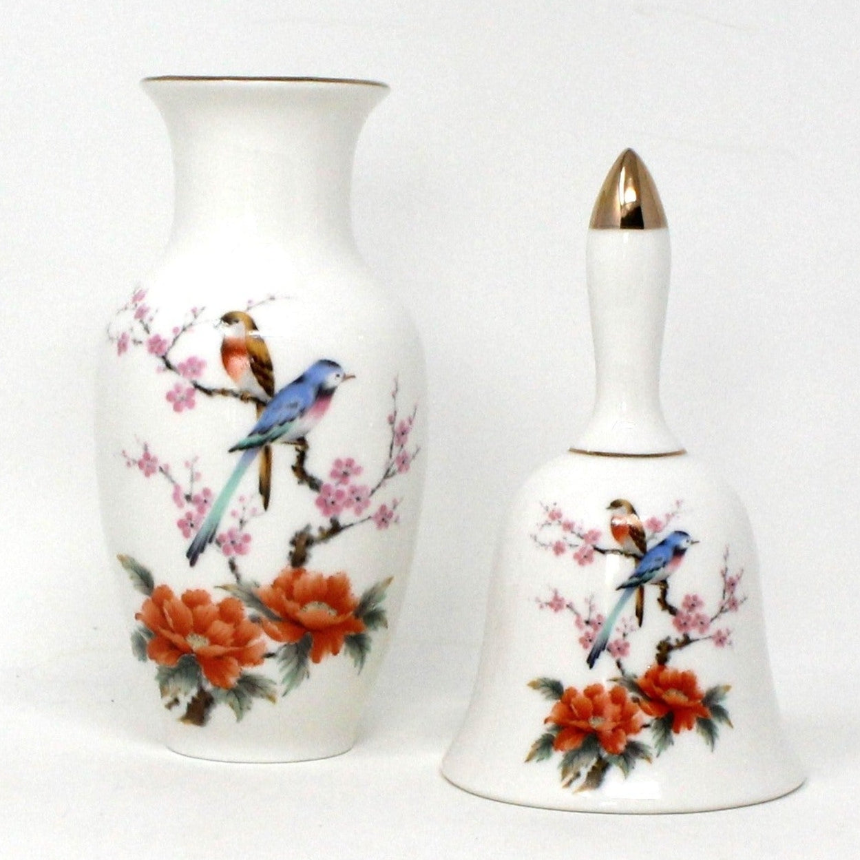 Vase & Bell Set, Two Birds on Cherry Blossom Branch, Japan Porcelain, Vintage