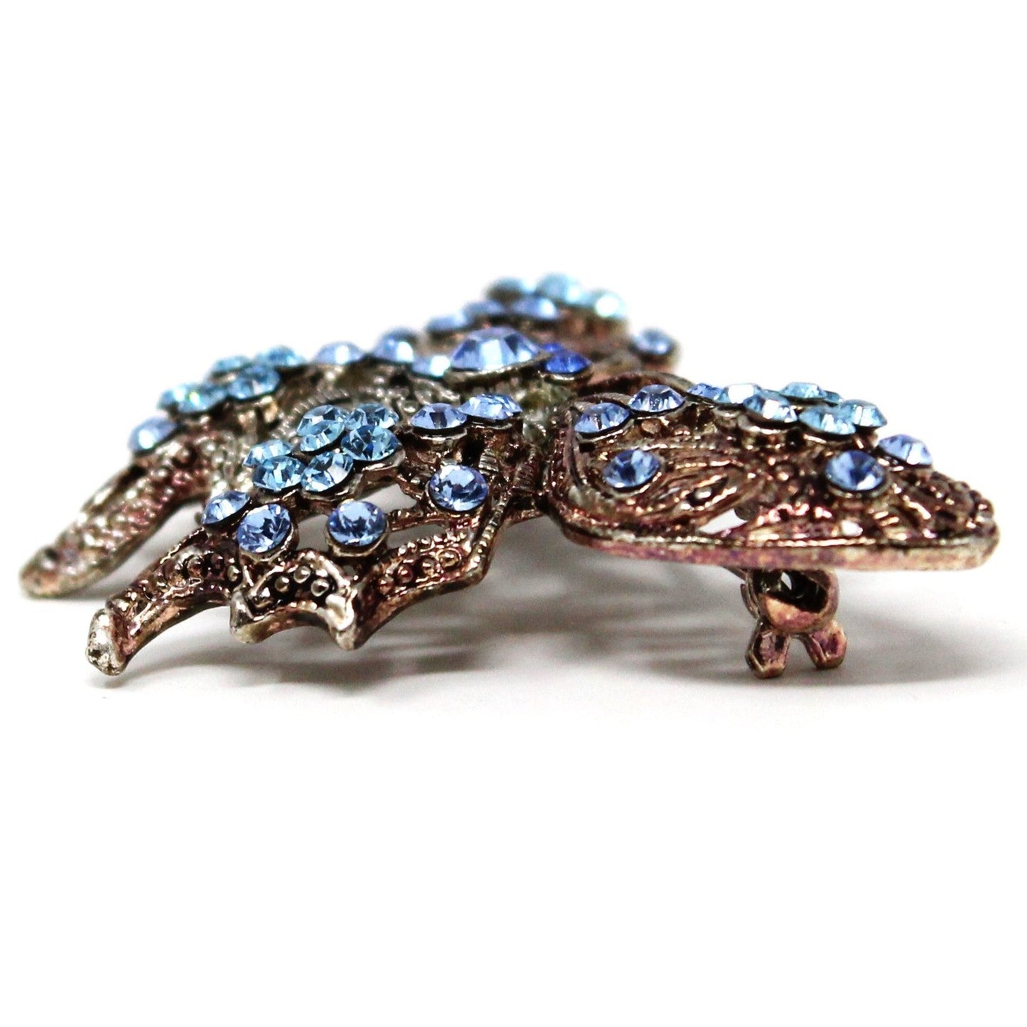 Brooch / Pin, Figural Butterfly, Blue Swarovski Crystals, Antiqued Silver Tone