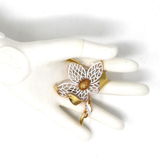Brooch / Pin, White Enamel Flower Filigree on Gold Tone, Vintage