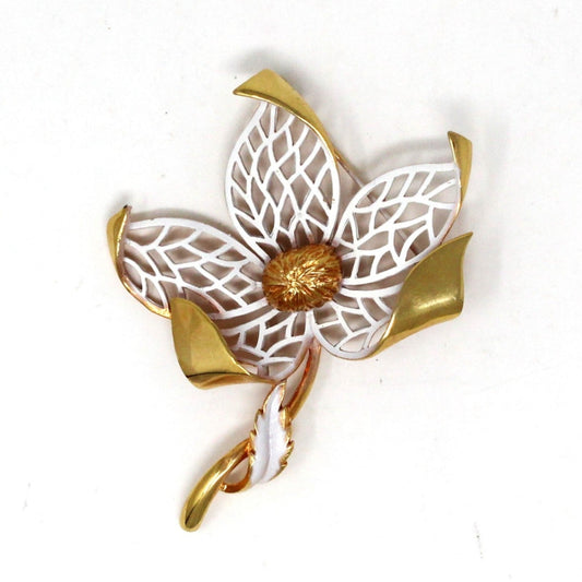 Brooch / Pin, White Enamel Flower Filigree on Gold Tone, Vintage