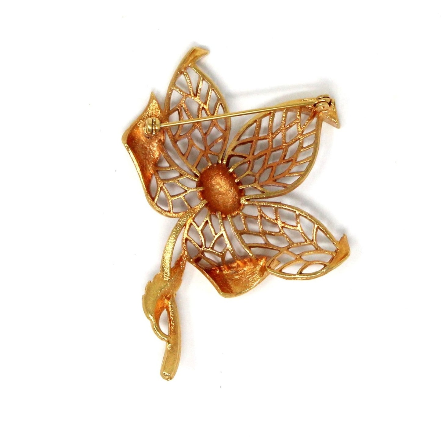 Brooch / Pin, White Enamel Flower Filigree on Gold Tone, Vintage