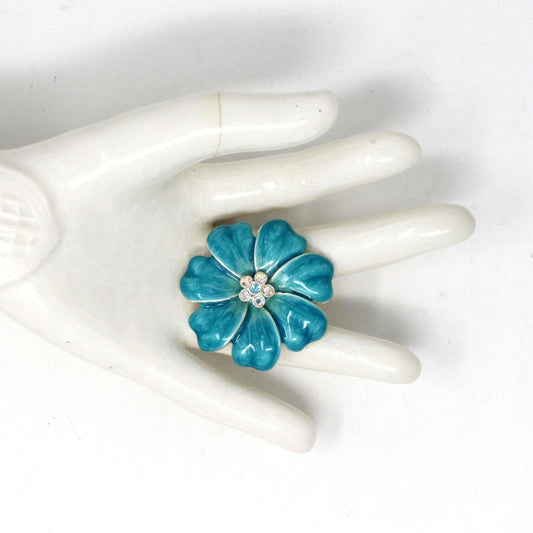Brooch / Pin, Turquoise Blue Enamel Flower with Aurora Borealis Rhinestone Center, Vintage