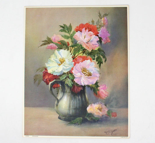 A vintage lithograph print of peonies arranged in a silver or pewter pitcher, signed by W. E. Powell.