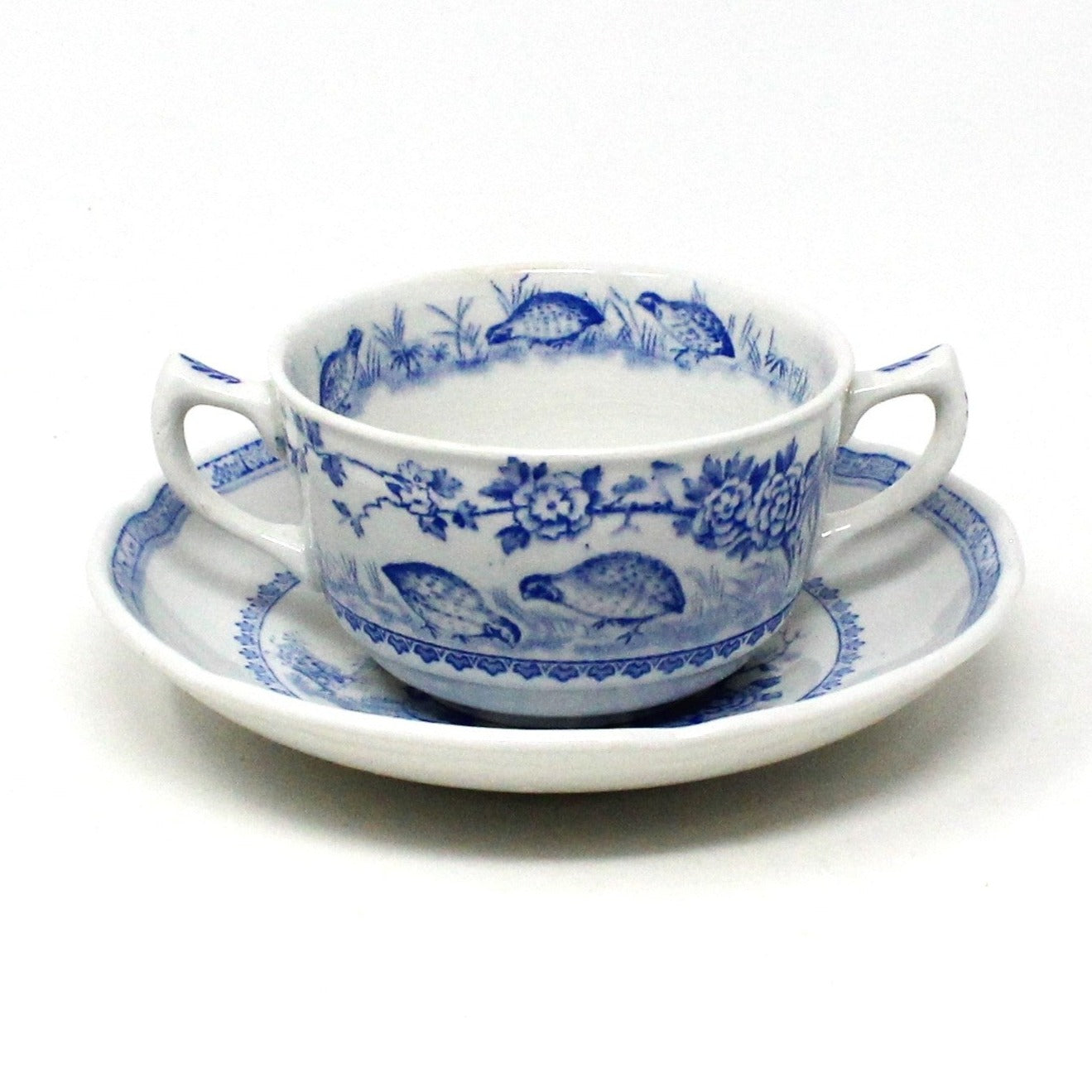 Soup Bowls, Cream Soup, Furnivals, Quail Blue Ironstone Transferware, Antique