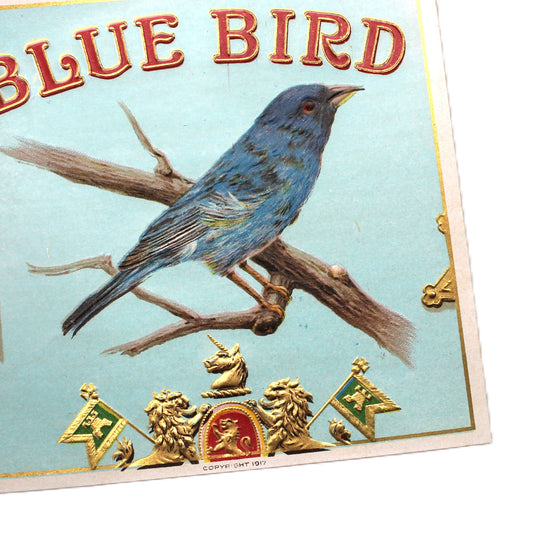 Cigar Box Label, Blue Bird Outer Label, Original Lithograph, Gilded / Embossed, NOS, 1917, Antique