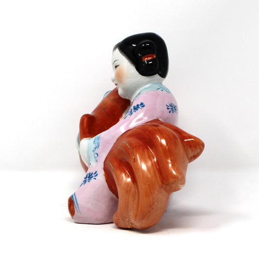 Figurine, Chinese Girl with Koi / Carp Fish Oriental Feng Shui, Lucky Kids, Porcelain, Vintage