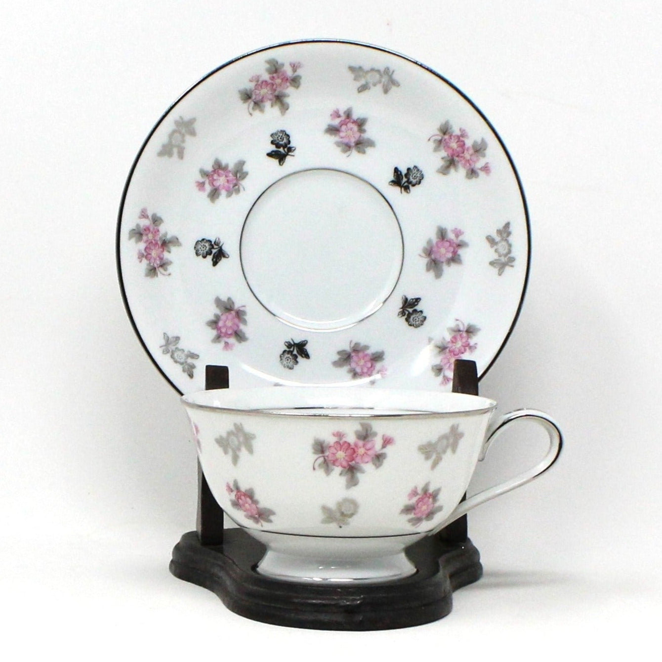 Teacup and Saucer, Noritake, Anita, Pink and Platinum Flowers, Vintage