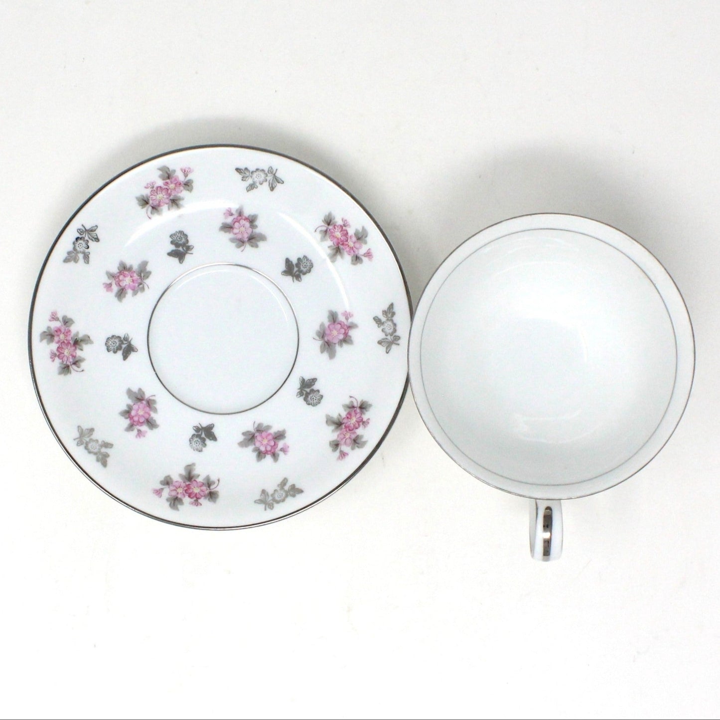 Teacup and Saucer, Noritake, Anita, Pink and Platinum Flowers, Vintage