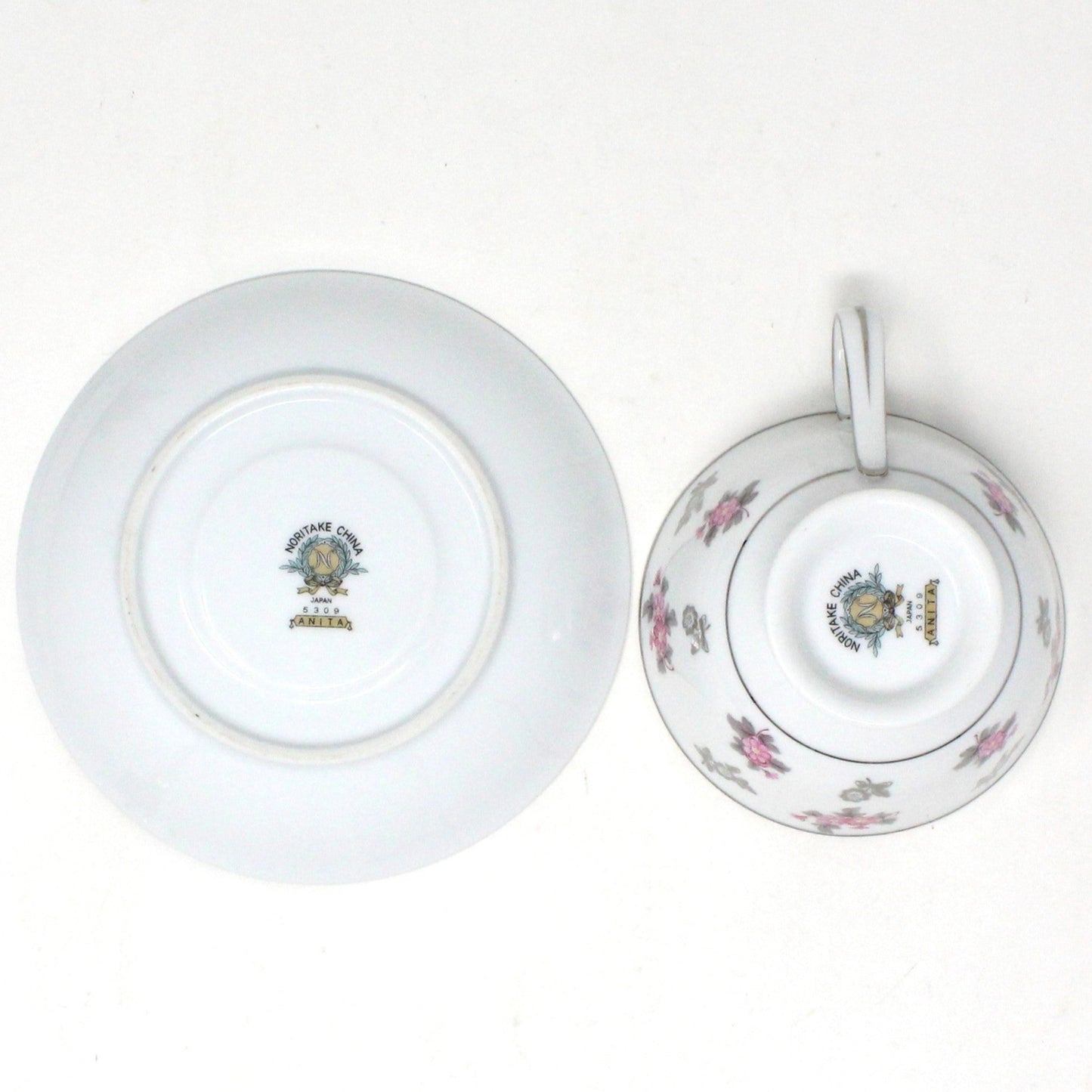 Teacup and Saucer, Noritake, Anita, Pink and Platinum Flowers, Vintage