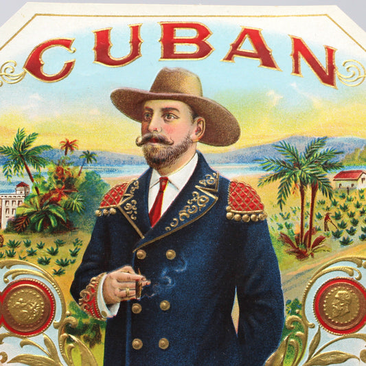 Cigar Box Label, Outer Label, Original Lithograph, Cuban Gentleman at Tobacco Plantation, Gilded / Embossed, NOS, 1900's Antique