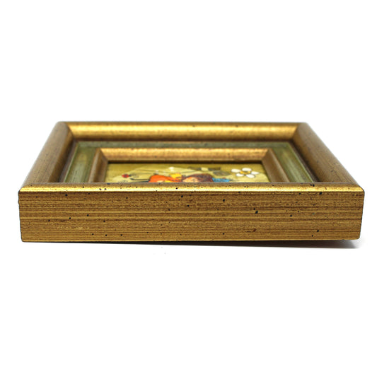 Painting, Roberta McDowell, Original Plaque, Girl with Blue Bird and Flower, Wood Framed, Vintage 1970's