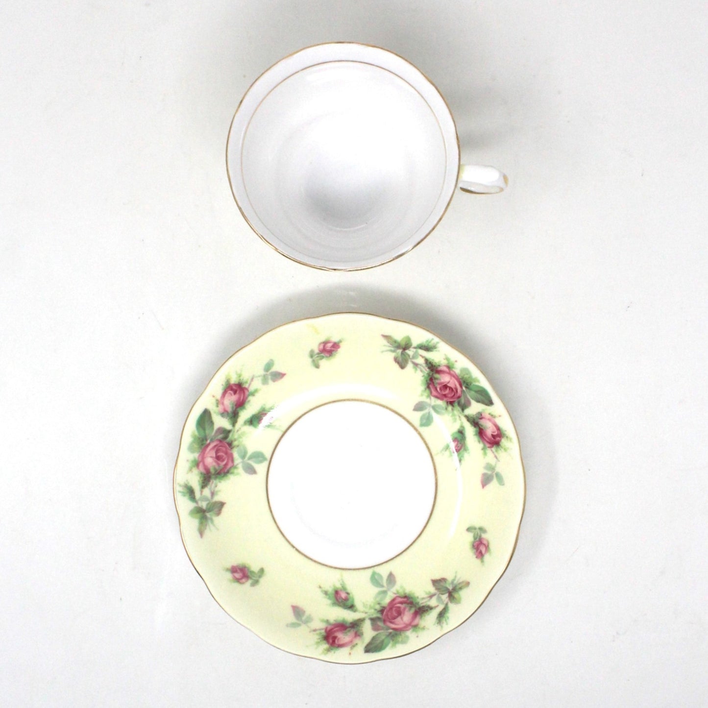 Teacup and Saucer, Crown Essex, 6734 Bone China, Pink Roses on Light Yellow Band, Vintage