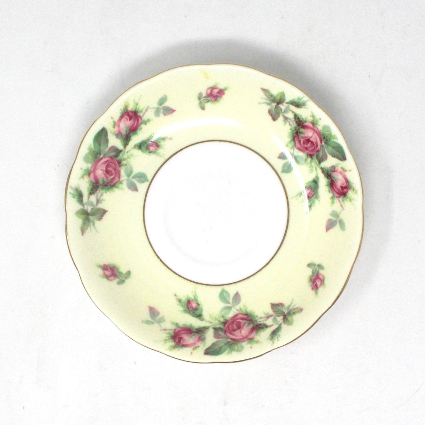 Teacup and Saucer, Crown Essex, 6734 Bone China, Pink Roses on Light Yellow Band, Vintage