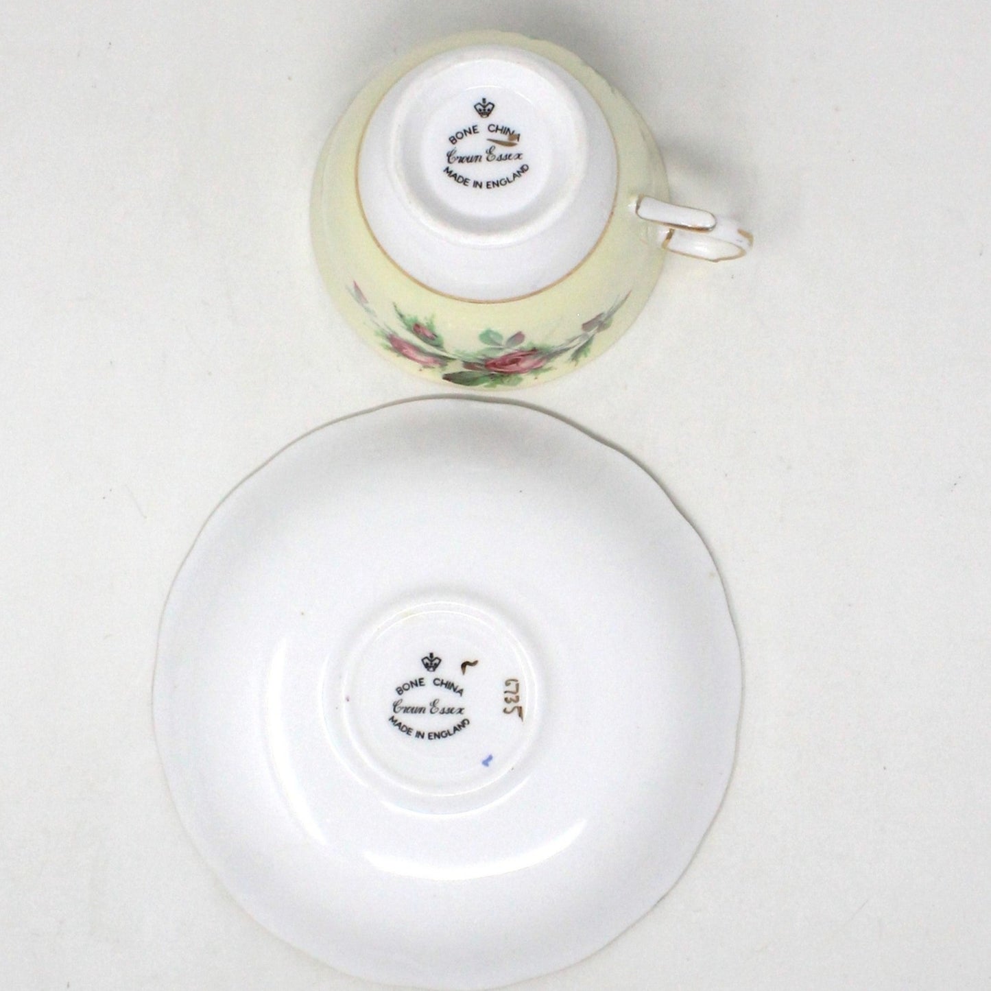 Teacup and Saucer, Crown Essex, Bone China, Pink Roses Light Yellow Band, Vintage, SOLD