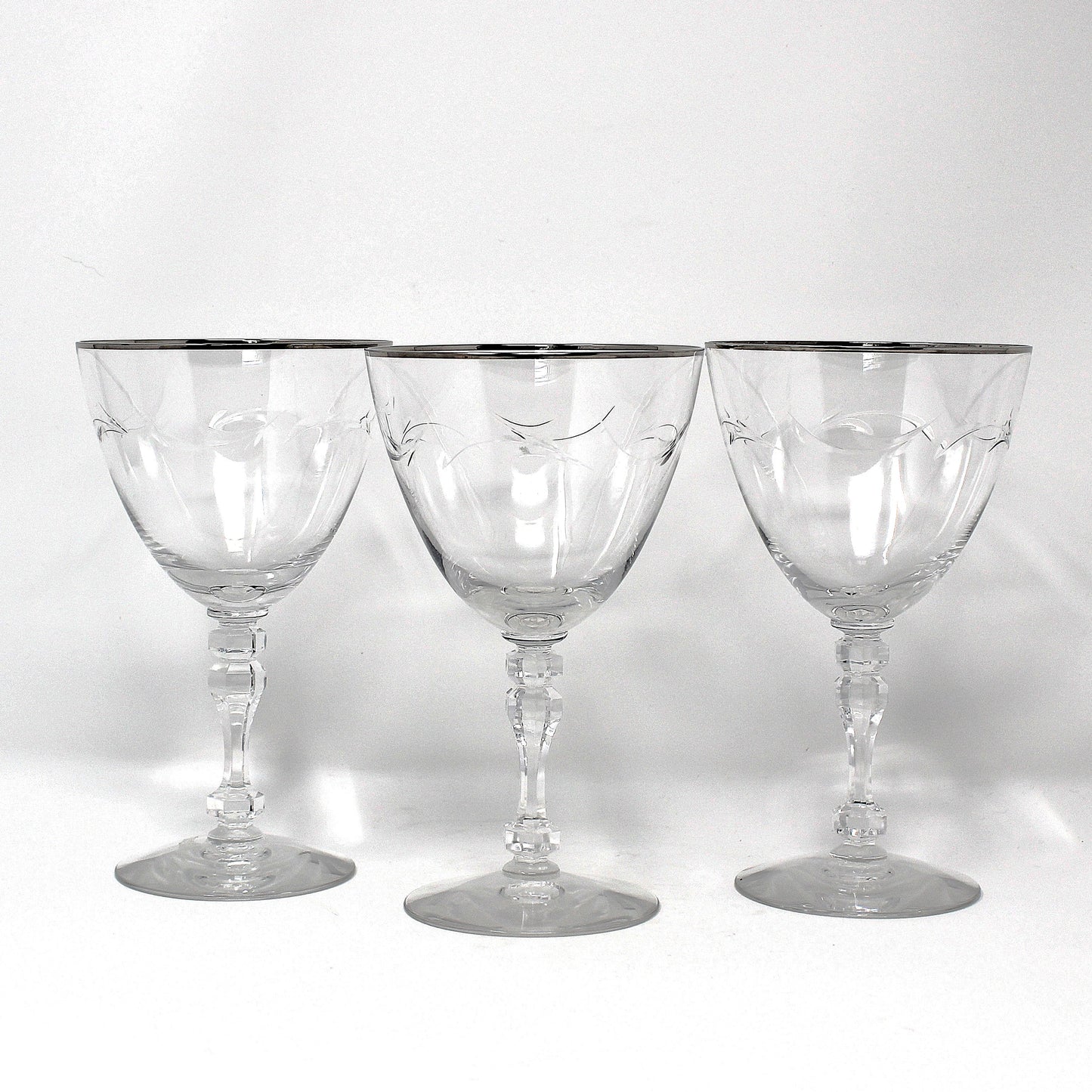 Water Goblets, Tiffin, Lyndley Platinum Trim, Cut Leaves, Faceted Stem 17646, Blown Glass, Set of 3, Vintage