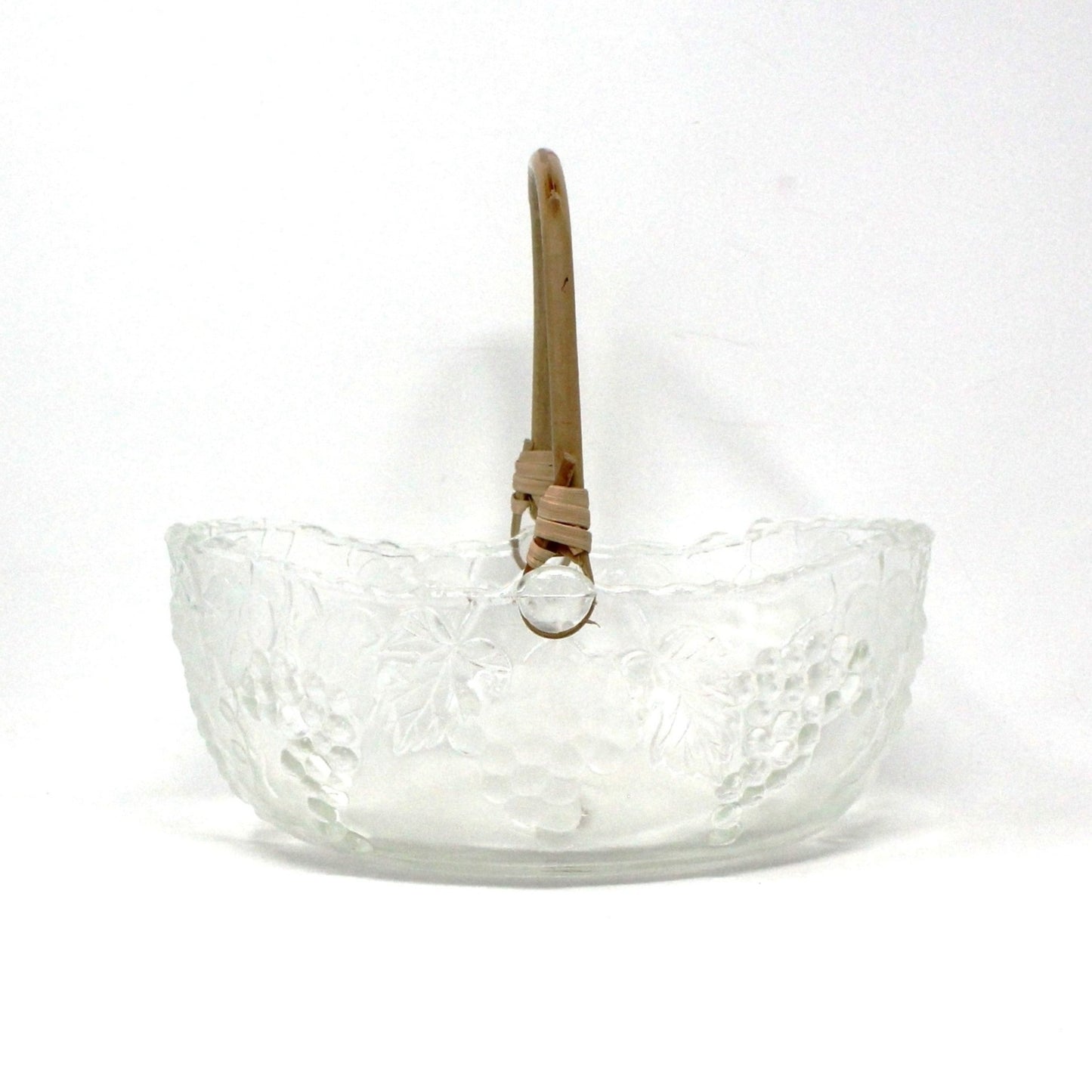 Basket, Vetreria Etrusca, Embossed Grapes Glass Basket with Bamboo Handle, Vintage Italy