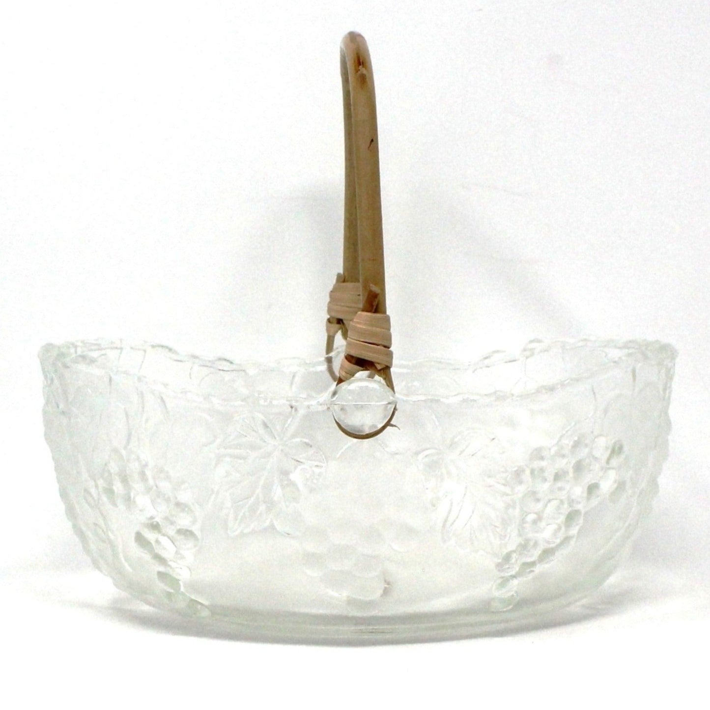 Vintage Italian glass basket with embossed frosted grapes and a bamboo handle.