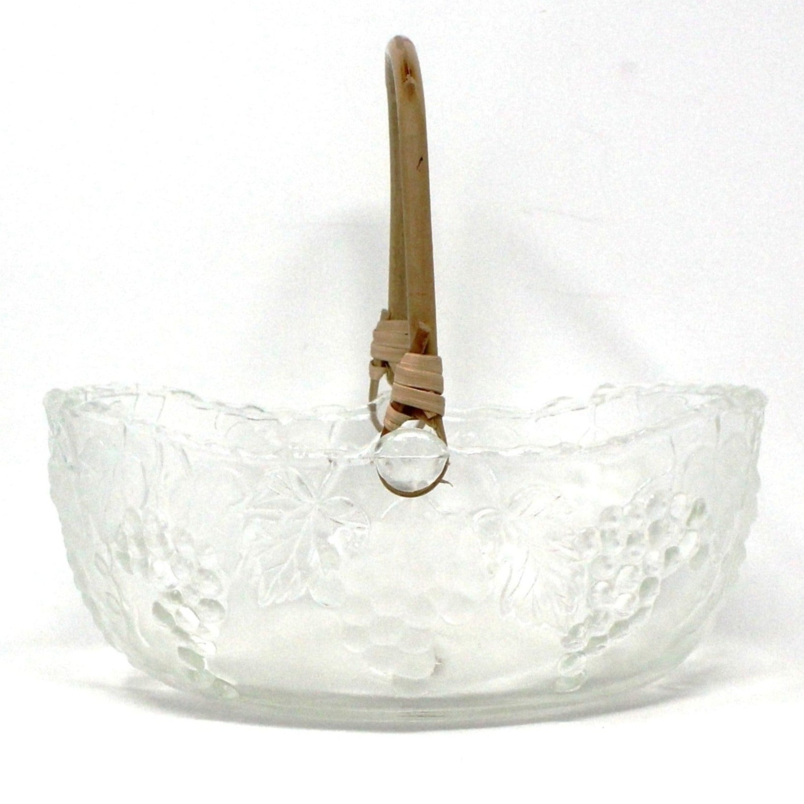 Vintage Italian glass basket with embossed frosted grapes and a bamboo handle.