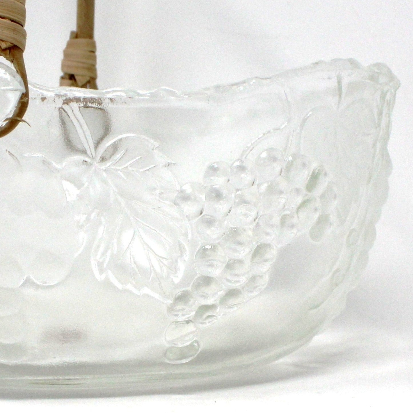 Basket, Vetreria Etrusca, Glass Basket with Bamboo Handle, Embossed Grapes, Vintage Italy