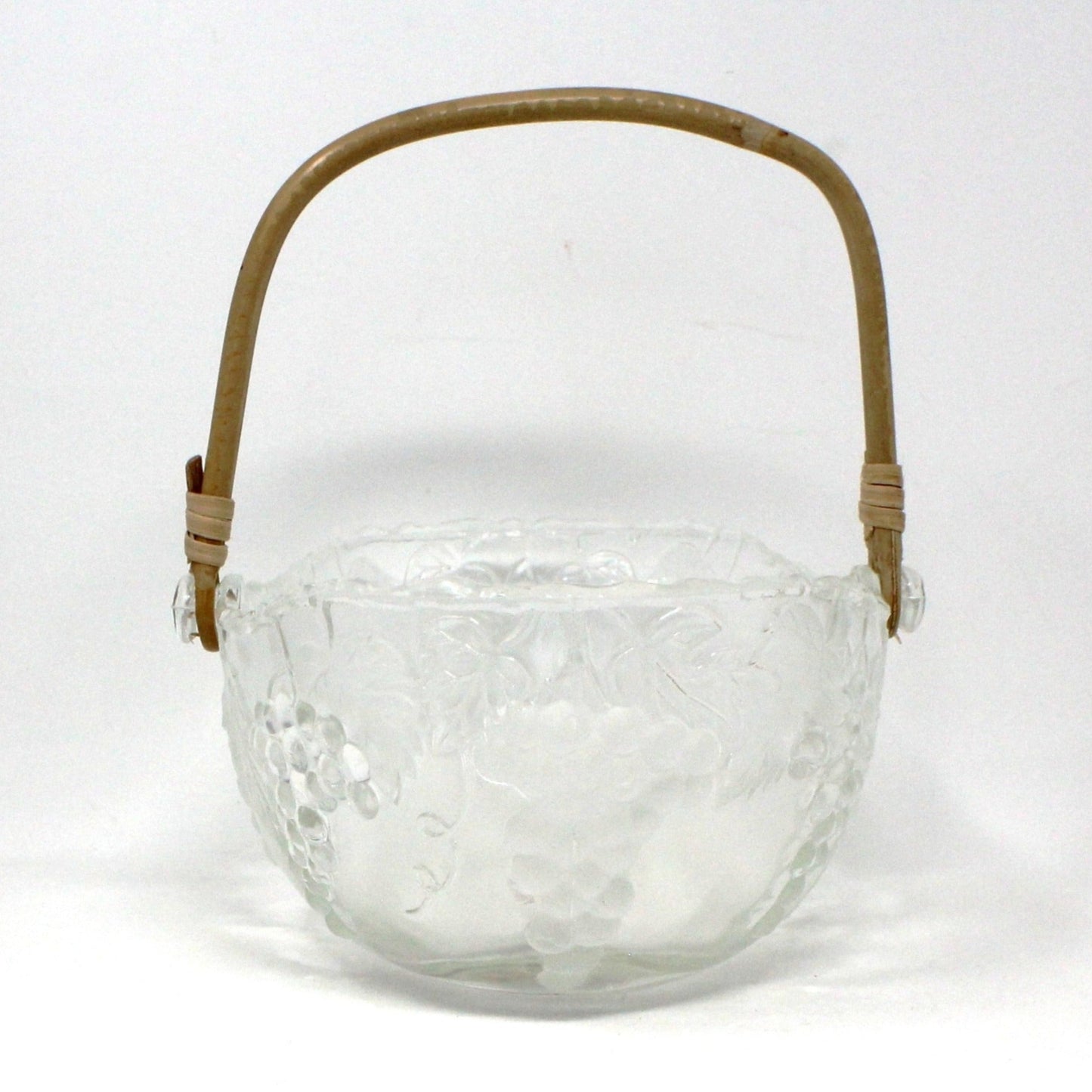 Basket, Vetreria Etrusca, Glass Basket with Bamboo Handle, Embossed Grapes, Vintage Italy
