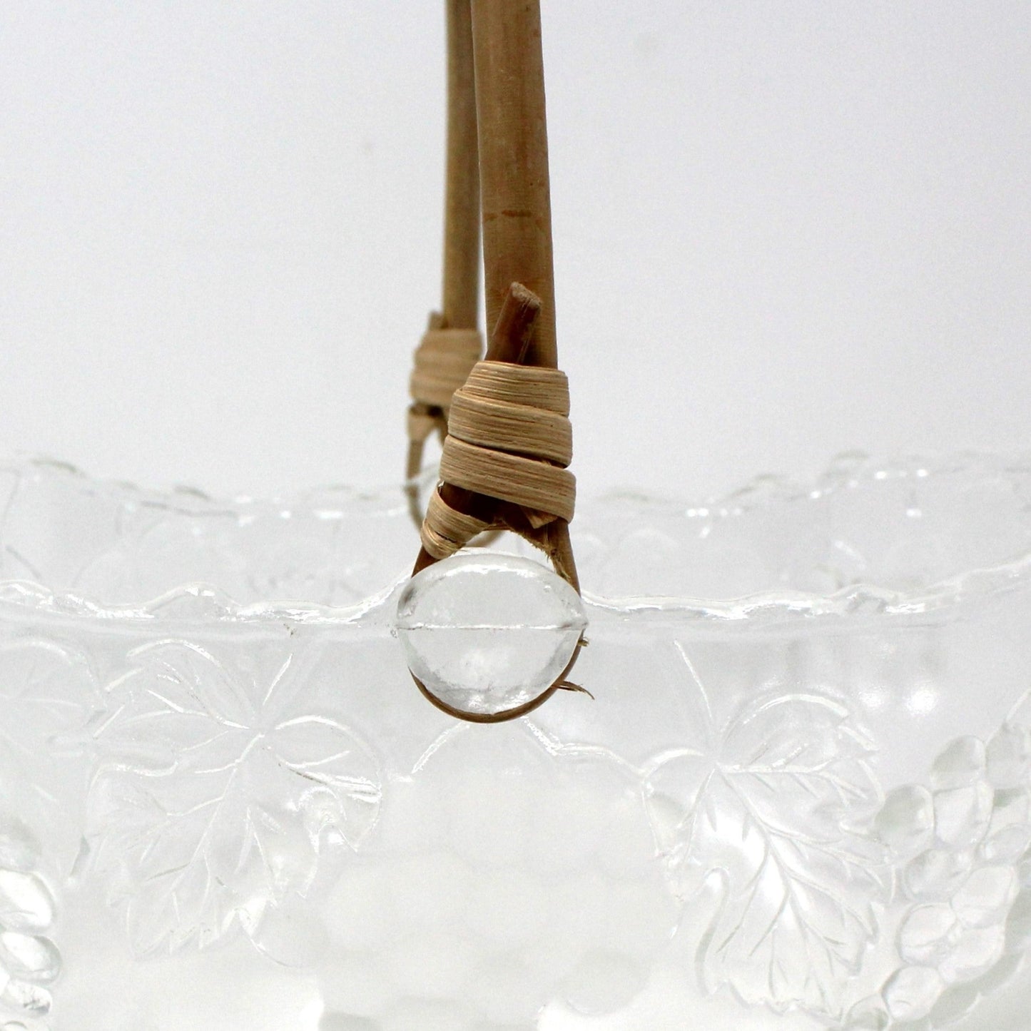 Basket, Vetreria Etrusca, Glass Basket with Bamboo Handle, Embossed Grapes, Vintage Italy