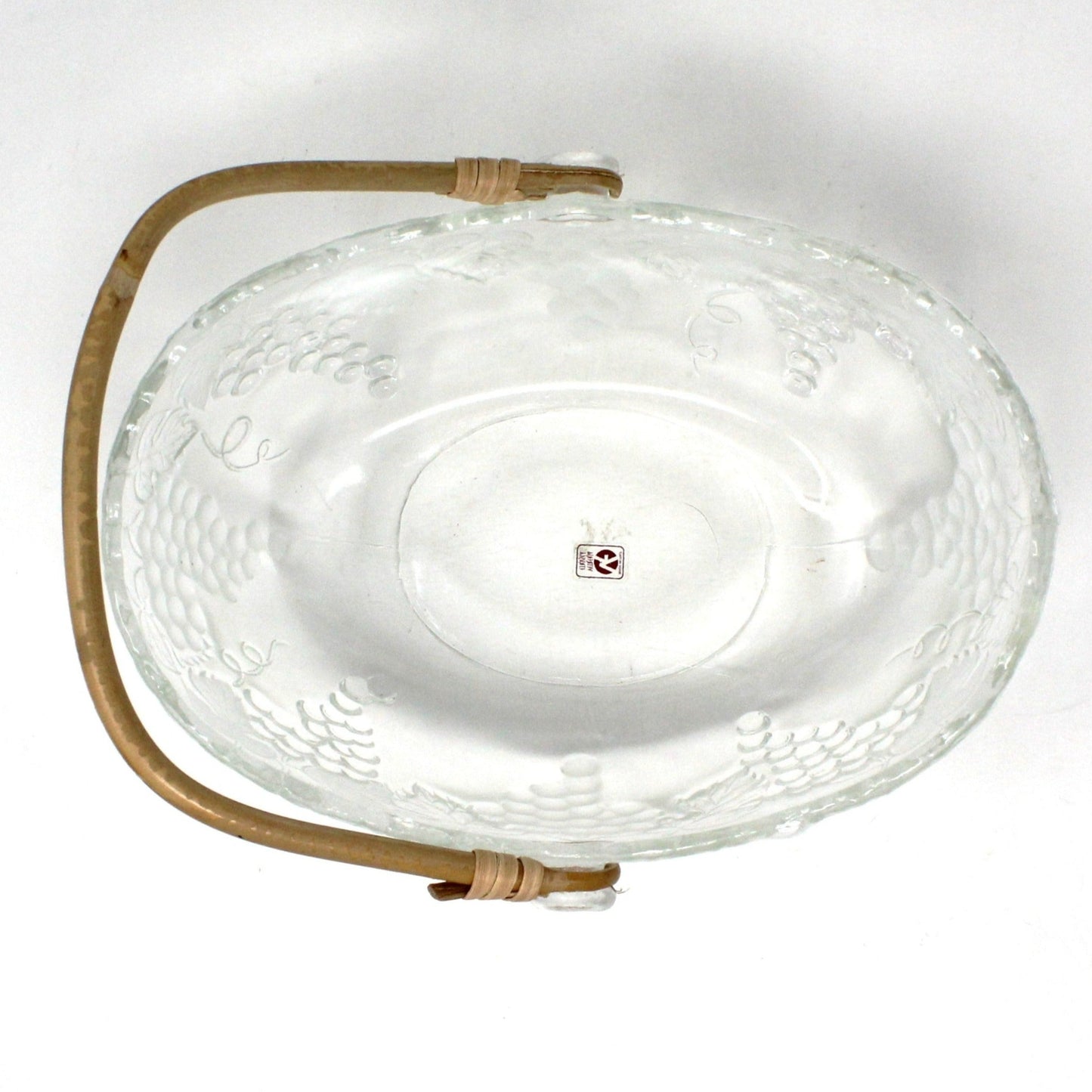 Basket, Vetreria Etrusca, Glass Basket with Bamboo Handle, Embossed Grapes, Vintage Italy