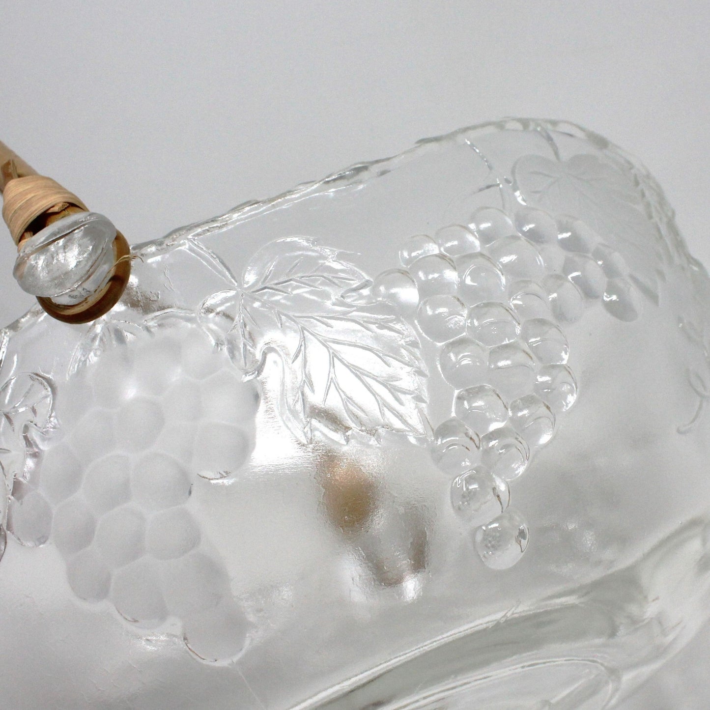 Basket, Vetreria Etrusca, Glass Basket with Bamboo Handle, Embossed Grapes, Vintage Italy