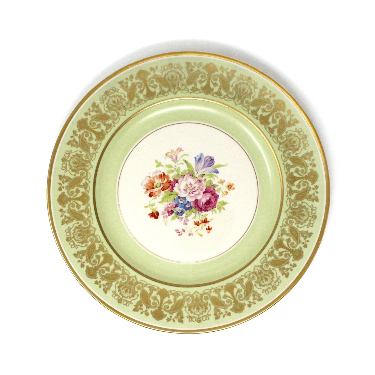 Dinner Plate, Arabia of Finland, Floral Center, Green Rim W/Gold Filigree, Vintage