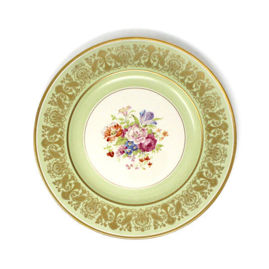 Decorative Plate, Arabia of Finland, Floral Center, Green Rim W/Gold Filigree, Vintage