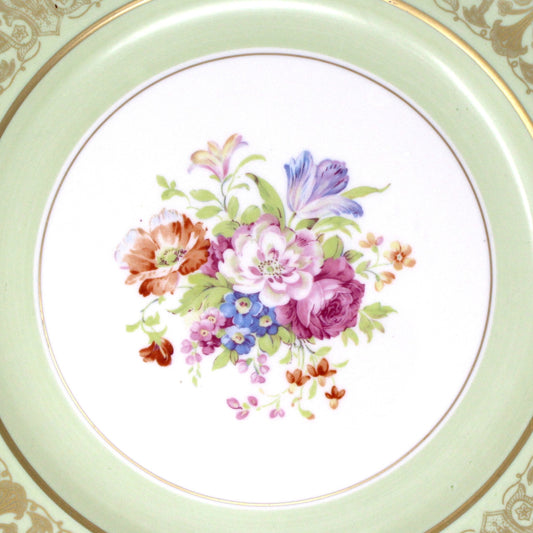 Decorative Plate, Arabia of Finland, Floral Center, Green Rim W/Gold Filigree, Vintage