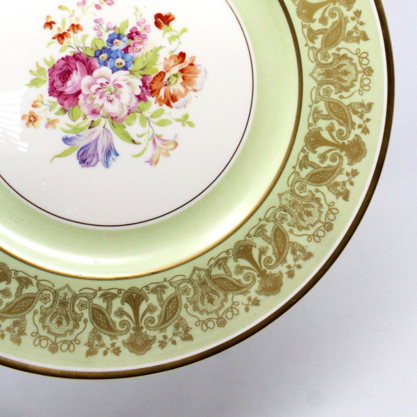 Decorative Plate, Arabia of Finland, Floral Center, Green Rim W/Gold Filigree, Vintage